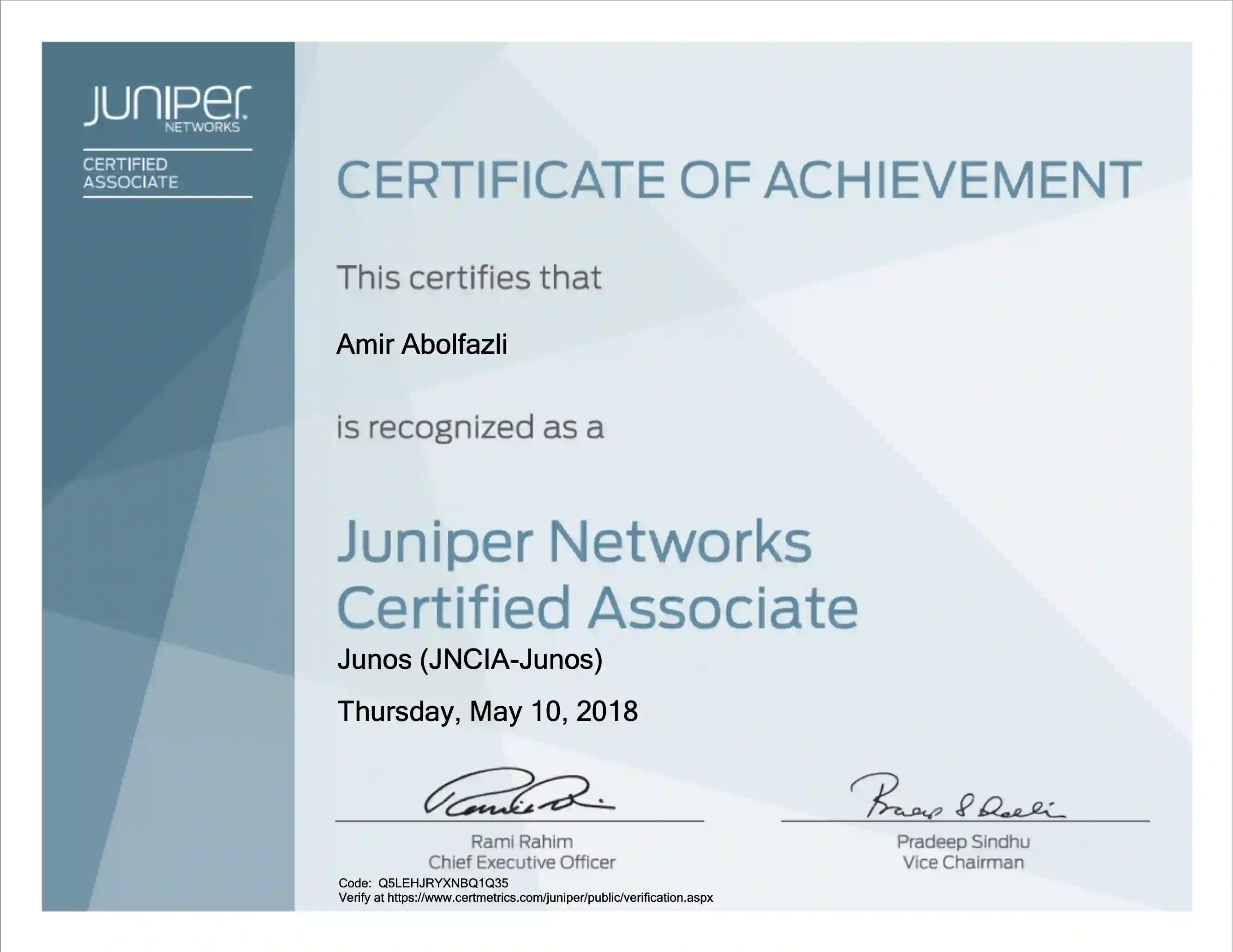 Juniper Networks Certified Associate Junos badge