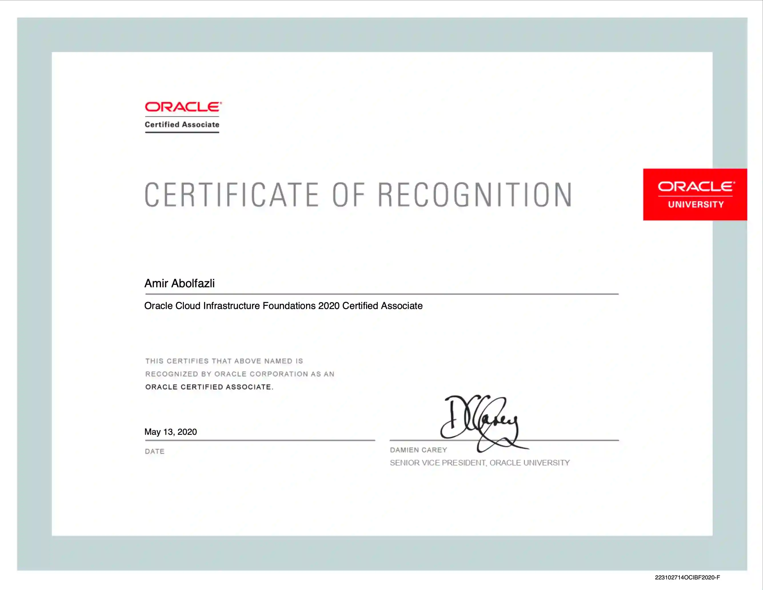 Oracle Cloud Infrastructure Foundations Certified Associate badge